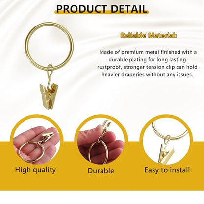 Curtain Rings with Hooks Set - Heavy Duty Metal Drapery Hooks & Eyelet Rings for Window, Shower, Door - Rustproof & Smooth Gliding Curtain Rod Ring, 5/8 to 3/4 Inch Internal Diameter 14 Pack - color: Golden