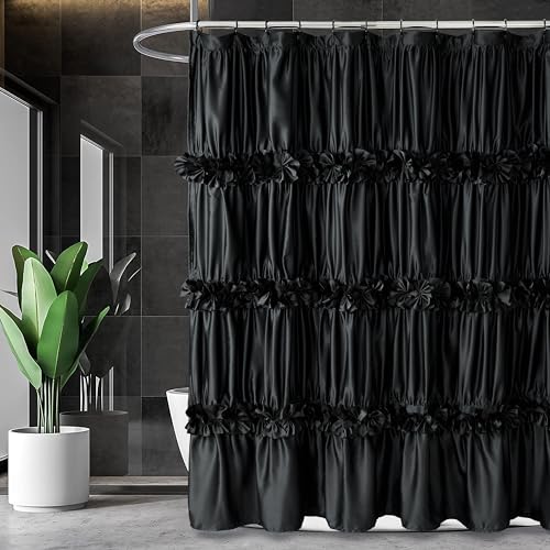 Homechoice Decor Black Ruffle Shower Curtain 72" W x 84" H | Vintage Handcrafted Bow Tie Bath Curtain for Master Bathroom, Ruched Satin Bathroom Curtain with 12 Buttonholes (LQ-10) - color: Black, size: 72"W x 84"L (Each Curtain)