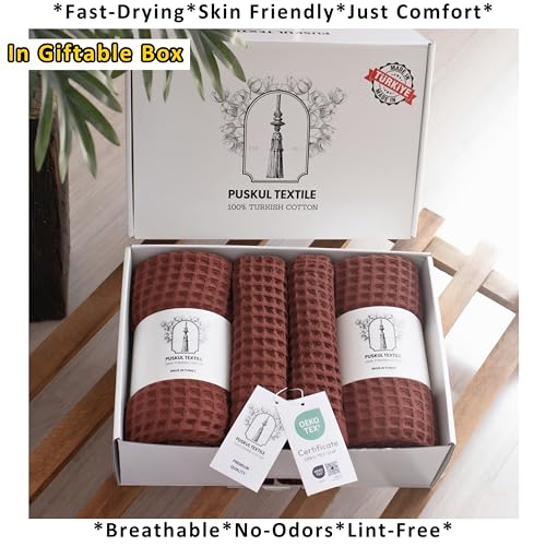 PÜSKÜL Natural 100% Turkish Cotton Waffle Towels Set of 4-Piece, Brick-Red | 2-Bath sheet (Extra-large 32x63") and 2-Hand towel (Large 32x16"). Premium honeycomb-waffle weave, oeko-tex made in Turkiye. - color: Brick