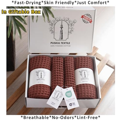 PÜSKÜL Natural 100% Turkish Cotton Waffle Towels Set of 4-Piece, Brick-Red | 2-Bath sheet (Extra-large 32x63") and 2-Hand towel (Large 32x16"). Premium honeycomb-waffle weave, oeko-tex made in Turkiye. - color: Brick