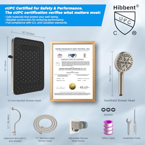 Hibbent 13'' 5-spray Rain Shower Head, 10-Spray Handheld, Brushed Nickel | cUPC Certified High Pressure Dual Showerhead Combo, Upgraded Rainfall Shower Head, 12'' Extension Arm, 71'' Hose & Holder - color: Brushed Nickel, style: Square 13''
