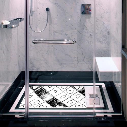Bathtub Mats for Shower Tub, Doodle Checkerboard Texture and Seamless Hearts Anti-Slip Bath Mats for Inside Tub, Bathroom Shower Mats with Drain Holes and Suction Cups - color: Multi 08