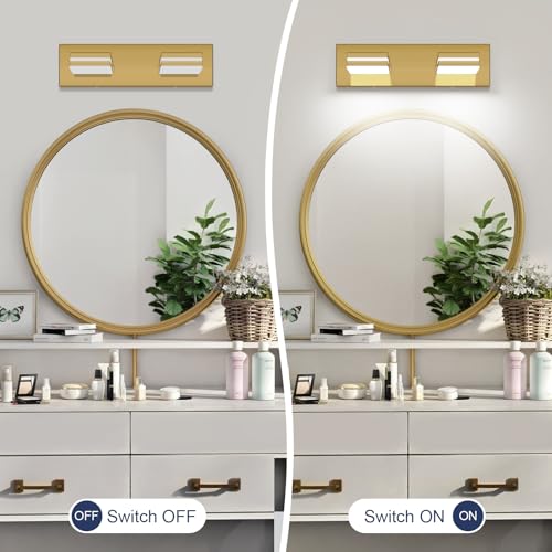SineRise LED Modern Bathroom Vanity Light Fixtures, Modern Acrylic Bathroom Wall Lighting Fixtures Over Mirror, 2-Light, 15.5-Inch, Brass, 100%-0% White - color: Brass, 100%-0% White, size: 2-Light, 15.5-Inch