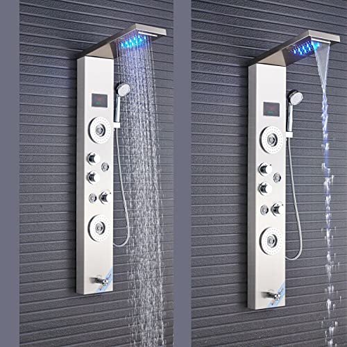 Stainless Steel Shower Panel Tower System LED Rainfall Waterfall Shower Head Handheld Shower Head Body Jets Tub Spout Water Temperature Display