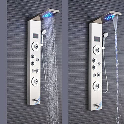 Stainless Steel Shower Panel Tower System LED Rainfall Waterfall Shower Head Handheld Shower Head Body Jets Tub Spout Water Temperature Display