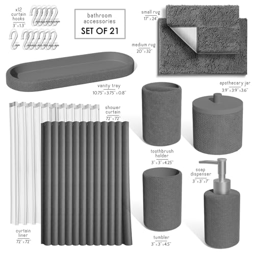 Clara Clark Grey Bathroom Set - Bathroom Sets with Shower Curtain and Rugs, 21PC Bathroom Accessory Set, Shower Curtain Set with Soap Dispenser & Toothbrush Holder - color: Grey, size: Complete Set + Bath Rugs