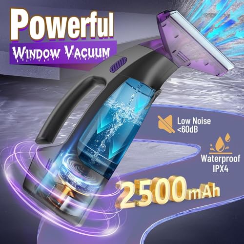 Window Vacuum Squeegee Cordless, 2000Pa Electric Window Cleaner Tool with Spray Bottle & Microfiber Pad, Handheld Window Cleaning Kit for Streak-Free Glass, Shower Doors, Mirrors, Tiles, Car Windows