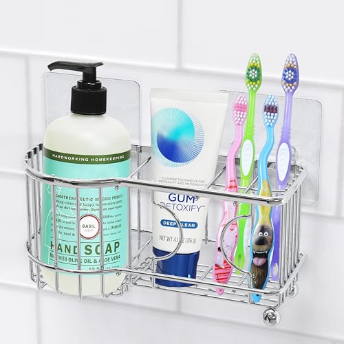 Simple Houseware Stainless Steel 6 Slots Adhesive Wall Toothbrush Holder | (3.4" D x 7.8" L x 3.8" H) - color: Chrome, size: Wall-Mounted / Freestanding