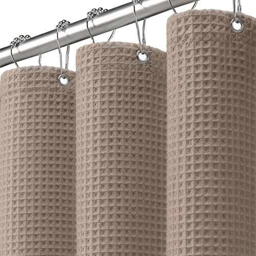 Waffle Weave Shower Curtain Heavyweight Cotton Fabric Beige 72Wx72L | Soft Cotton Cloth,3D Square Truely Waffle Washable, Hotel Luxury Spa, Shower Curtain Set for Bathroom 12 Plastic Hooks - color: Beige, size: Standard 72"W X 72"L