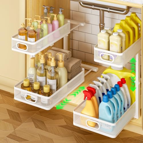 Under Sink Organizer 2-Pack, Metal 2-Tier Pull-Out Cabinet Shelf with Slide-Out Mesh Drawers, Height Adjustable, Space-Saving Under Sink Storage Racks for Kitchen, Bathroom, Laundry Room, White - color: White