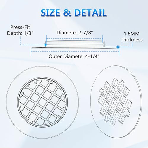 2 Pack 4-1/4 Snap in Shower Drain Cove White,PVC Plastic | Round Strainer Drain Grid, Bathroom Shower Grate Cap Replacement for Hair Catcher - color: White