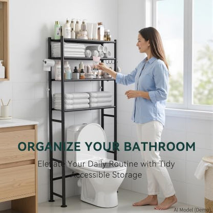 GloTika 4-Tier Over The Toilet Storage Shelves, Black | 200lb Total Capacity, Metal Bathroom Organizer with 36" Clearance, Includes Paper Holder & 4 Hooks, Suit for Small Space - color: Black