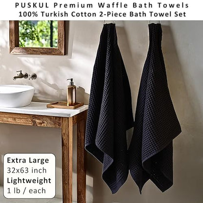PÜSKÜL 2-Piece Natural 100% Turkish Cotton Waffle Bath Towels Extra-Large | Black, 32x63" Bath Sheet Towel, Light Soft Absorbent Quick-Dry Lint-Free Premium Honeycomb Weave Oeko-Tex Made in Turkiye - color: Black, size: Bath Towels - Pack of 2