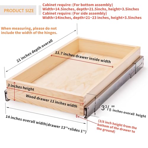13”W x 21”D x 3”H Soft Close Slide Out Wood Drawer Organizer for Kitchen, (Cabinet Opening Width>14.5 inches for Bottom Assembly, Width= 14 inches for Side Assembly) - size: 13”W x 21”D