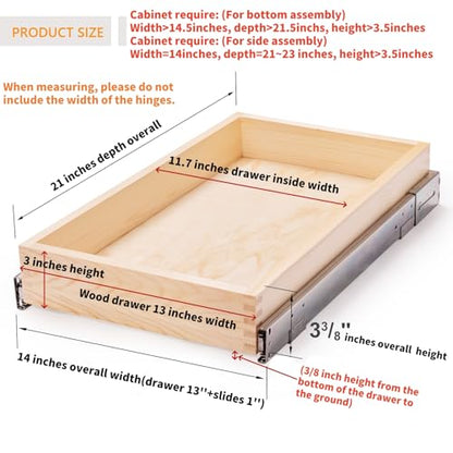 13”W x 21”D x 3”H Soft Close Slide Out Wood Drawer Organizer for Kitchen, (Cabinet Opening Width>14.5 inches for Bottom Assembly, Width= 14 inches for Side Assembly) - size: 13”W x 21”D
