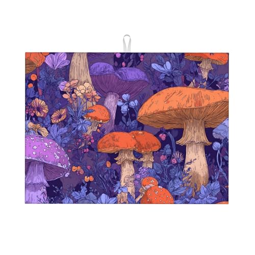 Mushroom Pattern Dish Drying Mat for Kitchen Counter Absorbent Microfiber Reversible Fast Drying Pad Countertop Protector Extra Large 18"x24"Dish Mat - color: Purple-Mushroom
