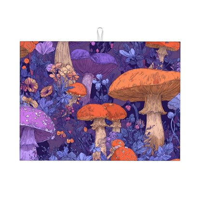 Mushroom Pattern Dish Drying Mat for Kitchen Counter Absorbent Microfiber Reversible Fast Drying Pad Countertop Protector Extra Large 18"x24"Dish Mat - color: Purple-Mushroom