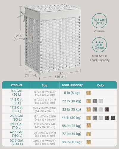 SONGMICS Laundry Hamper with Lid, 23.8 Gal (90 L) Synthetic Rattan,Foldable | Clothes Laundry Basket with Handles, Removable Liner, Cloud White, ELIOTT Collection ULCB165W01 - color: Cloud White, size: 90 L