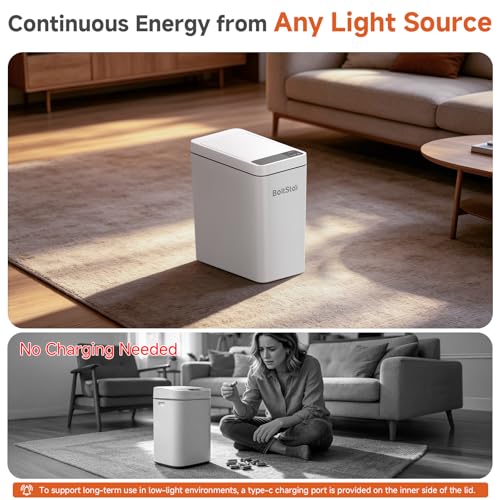 Solar Automatic Bathroom Trash Can: 2.6 Gallon Small Motion Sensor Garbage Can, No Charging Required, Slim Smart Touchless Trash Bin with Lid for Bedroom, Living Room, Office, RV, White - size: 2.6 gallons