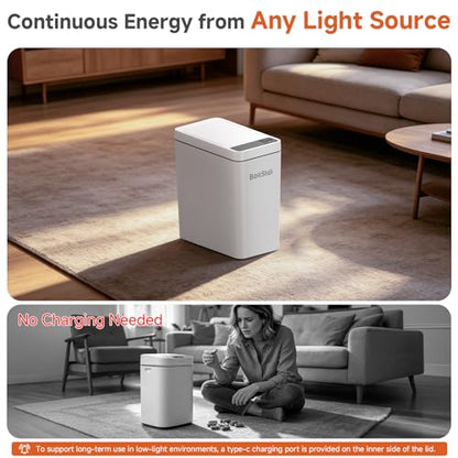 Solar Automatic Bathroom Trash Can: 2.6 Gallon Small Motion Sensor Garbage Can, No Charging Required, Slim Smart Touchless Trash Bin with Lid for Bedroom, Living Room, Office, RV, White - size: 2.6 gallons
