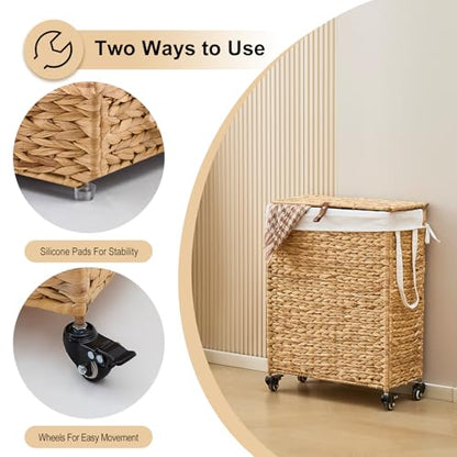 Rolling Laundry Hamper with Lid and Wheels, Slim Laundry Basket with Removable Liner Bag & 2 Mesh Bags, Handwoven Water Hyacinth Clothes Hamper for Bedroom Bathroom (Natural, 65L) - color: Natural/With Lid/65L