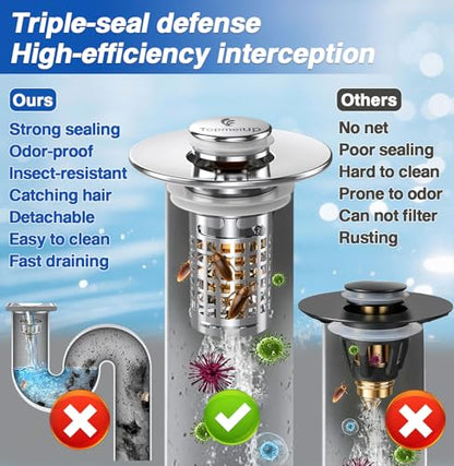 Bathroom Sink Drain Strainer(New-2pcs), Pop-up Sink Drain Strainer with Removable Stainless Steel Strainer Basket Hair Catcher, Bathroom Sink Strainer for Bathroom Sink Stopper Replacement - color: New-2pcs