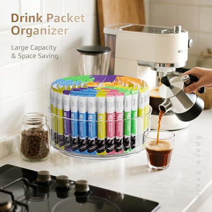 Divided Drink Packet Organizer, Largr Rotating Clear Lazy Susan Turntable | for Powdered Drink Mix, Water Drink Packet Holder, Water Flavor Packet, Coffee, Tea – Space-Saving Countertop Organizer - size: 1 Pack - Large 3 Section