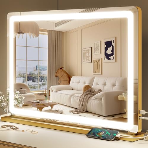 ROLOVE Gold Vanity Mirror with Lights, 32" x 22" Large Lighted Vanity Mirror with Dimmable 3 Modes, LED Makeup Mirror, USB Charging Port, Tabletop or Wall-Mounted - color: Gold, size: 32"L x 22"W