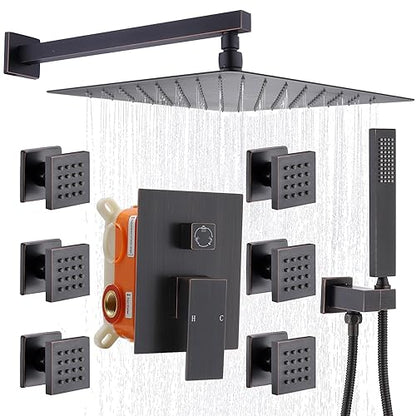 Enga Oil Rubbed Bronze Shower System with Body Jets, 12 Inch Rainfall Shower Wall Mounted Full Body Shower System Contain Rough-in Shower Valve Shower Combo Set - color: Oil Rubbed Bronze, style: Wall Mount - 6 Jets