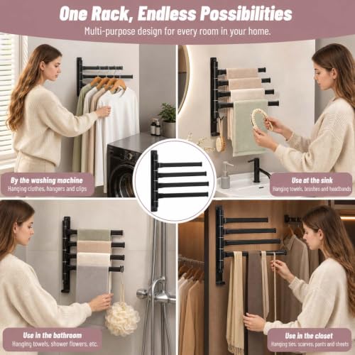 2-5 Arms Swivel Towel Rack Bath Towel Holder with Hook Swing Arm Towel Rack Wall Mount for Bathroom Kitchen-Black 4Arm - color: Black, size: 4-arm