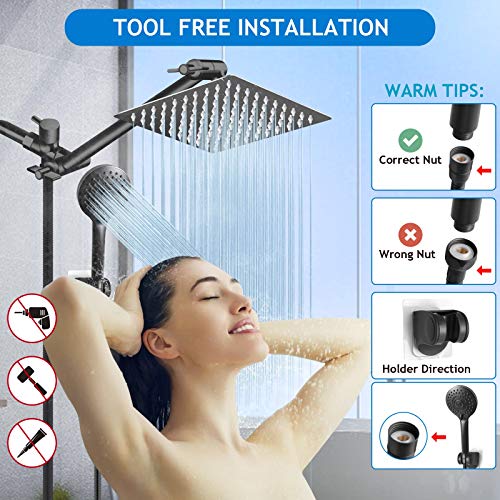 Shower Head Combo, 8 Inch High Pressure Rain with 11 Inch Adjustable Extension Arm and 5 Settings Handheld, Powerful Spray Against Low Water Pressure- Matte Black - color: Matte Black, size: 8" Showerhead Set