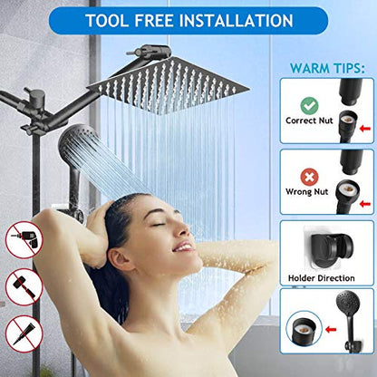 Shower Head Combo, 8 Inch High Pressure Rain with 11 Inch Adjustable Extension Arm and 5 Settings Handheld, Powerful Spray Against Low Water Pressure- Matte Black - color: Matte Black, size: 8" Showerhead Set