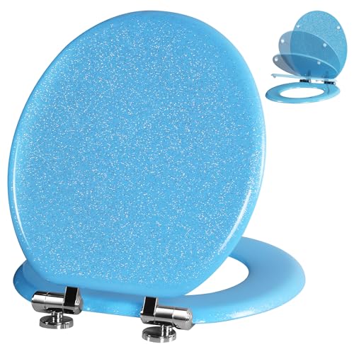 Angol Shiold Glitter Toilet Seat Molded Wood Round Toilet Seat with Quietly Close and Quick Release Hinges, Easy to Clean also Easy to Install (Round 16.5'', Blue) - color: Blue, size: Round 16.5‘’