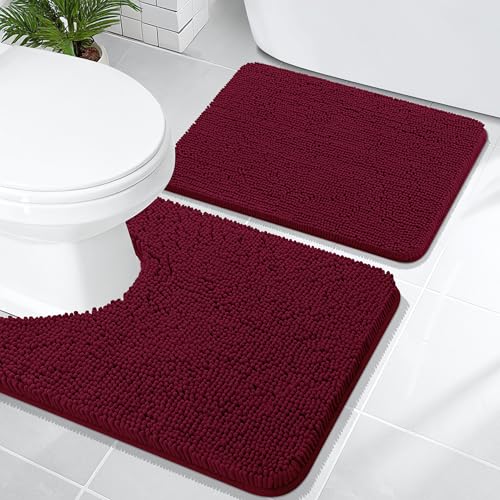 OLANLY Bathroom Rugs Sets 2 Piece, Soft Absorbent Chenille Bath Mats and U-Shaped Contour Toilet Mat Area Rug Set, Machine Washable Bath Carpet, Home Decor Accessories(24"x16"+24"x20", Burgundy) - color: Burgundy, size: 24" X 16" + U24" X 20"