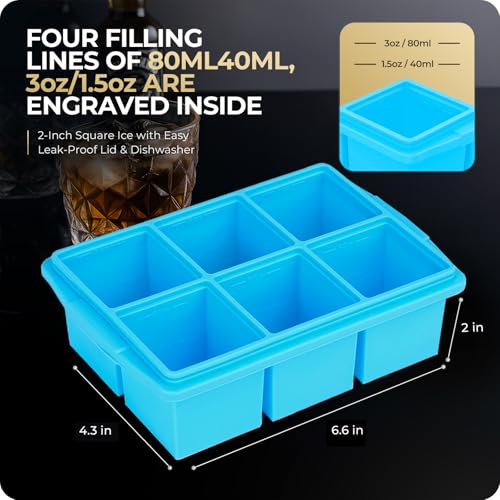 Large Ice Cube Trays for Whiskey, Silicone Ice Cube Tray, with Reinforced Steel Ring Top, Makes 12 perfect 2-in ice cubes, Square Ice Tray for Cocktails, Whiskey, Coffee. (2 Pack) - color: Sea blue