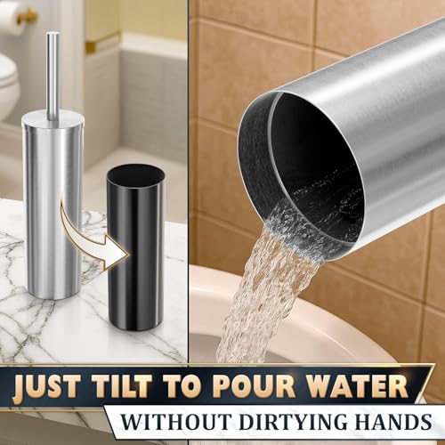 Toilet Brush and Holder Set, Stainless Steel Material (Silver) | Toilet Brush with Holder Set for Bathroom, Splash Protection & Dense Bristles for Bathroom Cleaning, Removable Inner Bowl
