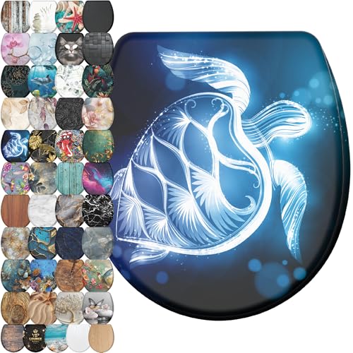 Sanilo Wooden Toilet Seat with Quick Release & Soft Close [ROUND] - Decorative & Slow Close Molded Wood Seat - With One Click for Easy Installation & Cleaning - With Adjustable Fit (Glow Turtle) - color: Glow Turtle