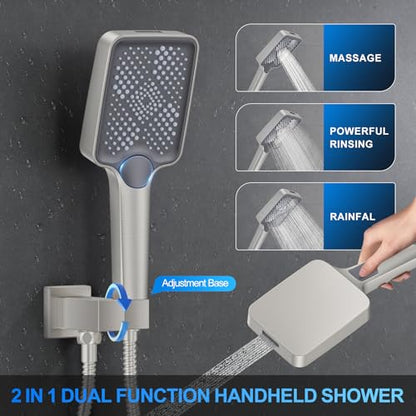 Shower Faucet Set, 12" Ceiling Mount Rainfall Shower System with 2 Rain Shower Head and Multi-function Handheld Head Push Button Diverter Shower Faucet Trim Kit (12", Brushed Nickel) - color: Brushed Nickel, style: 12"-Ceiling-01