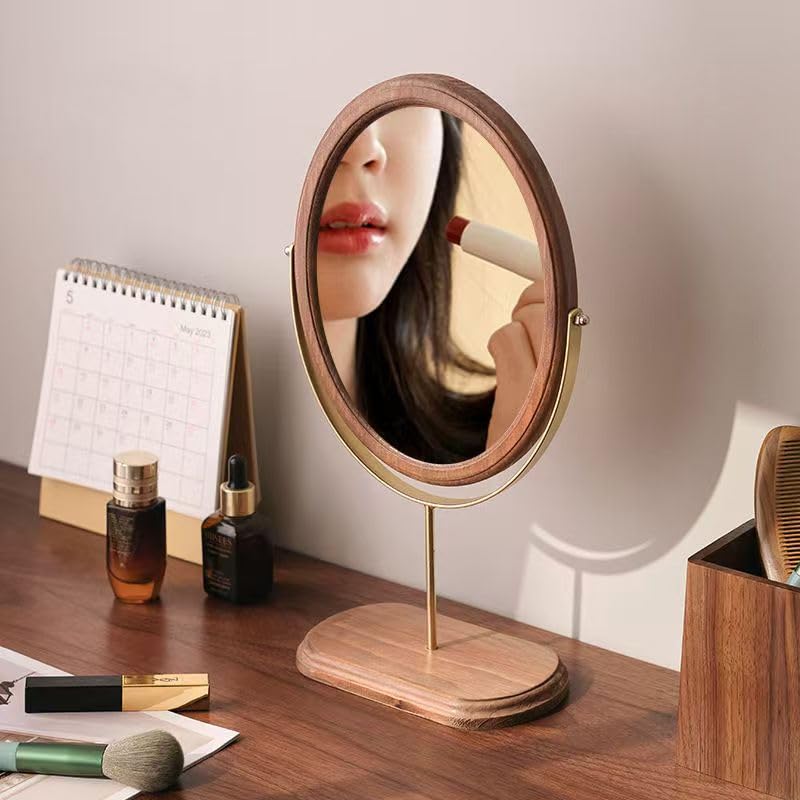 Tstarer Desk Makeup Mirror with Solid Wood,Elliptical Vanity Table Mirror for Living Room Bedroom (7.5 W x 13.5 H) (Rustic Brown)