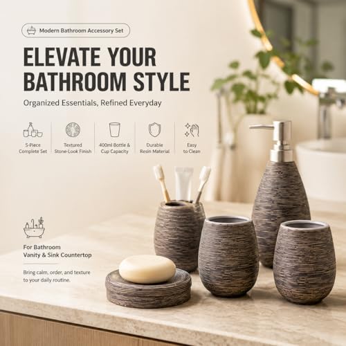 Bathroom Ceramic Accessories Set, 5 Piece Bathroom Set with Including Soap Dispenser, Mouthwash Cup, Soap Dish, Toothbrush Holder (Grey) - color: Grey