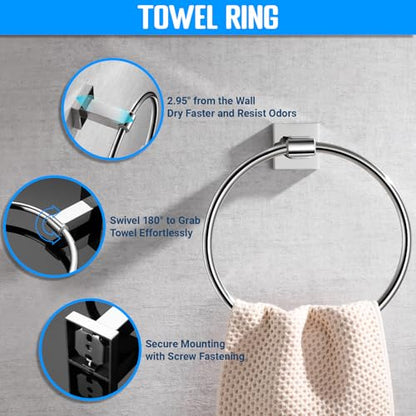 Miyili SUS304 Stainless Steel 5-Piece Bathroom Accessories Set with 30" Double Towel Bar, 5" Toilet Paper Holder, Towel Ring, 2 x Robe Hooks Bath Hardware Kit Wall Mount, Poilshed - color: Polished