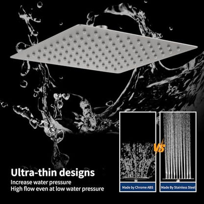 Rain Shower Head 10'' High Pressure Square Rainfall Shower Head Stainless Steel Ultra Thin Waterfall Bathroom Showerhead Body Covering Ceiling Mounted (Brushed nickel)