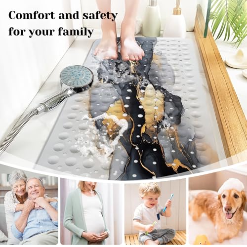 Marble Bath Tub Mat Non Slip, Black White Gold Marble Non Slip Bath Mat for Shower, Large Washable Shower mats for Showers with Drain Holes and Suction Cups,40 X 16 Inch - color: Black White Gold Marble