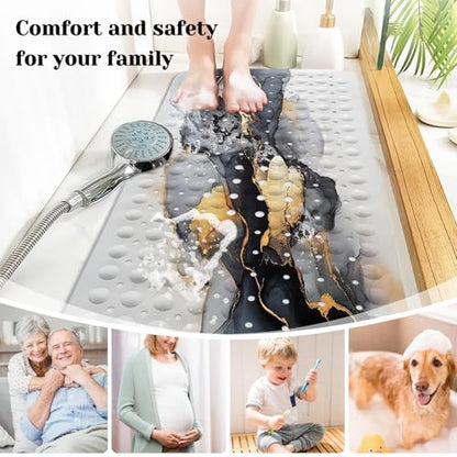 Marble Bath Tub Mat Non Slip, Black White Gold Marble Non Slip Bath Mat for Shower, Large Washable Shower mats for Showers with Drain Holes and Suction Cups,40 X 16 Inch - color: Black White Gold Marble