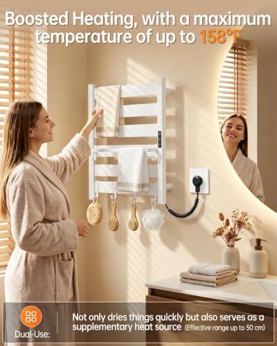 Wall Mounted Heated Towel Rack, 6-Bar Towel Warmer for Bathroom | PTC Fast Heating Up to 170°F in 6 Minutes, Adjustable Temperature 110–170°F, 2–12H Timer, Space Aluminum, Matte White - color: White, size: 6-Bars