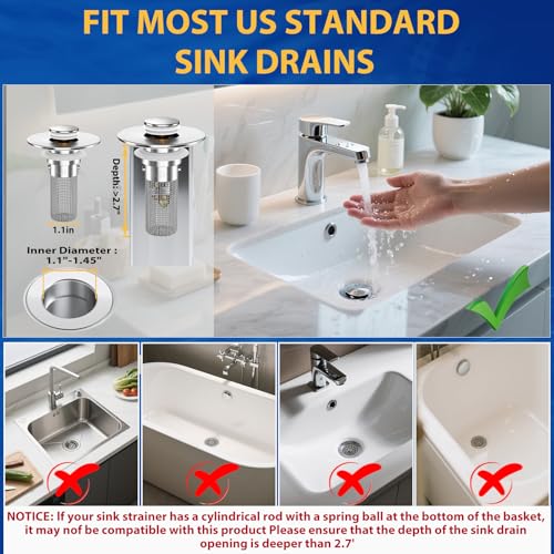 Bathroom Sink Drain Strainer, Pop-Up Bathroom Sink Stopper with Removable Stainless Steel Hair Catcher Basket, Universal Fit for US Bathroom Sinks, Showers & Floor Drains (1pcs) - color: 1pcs