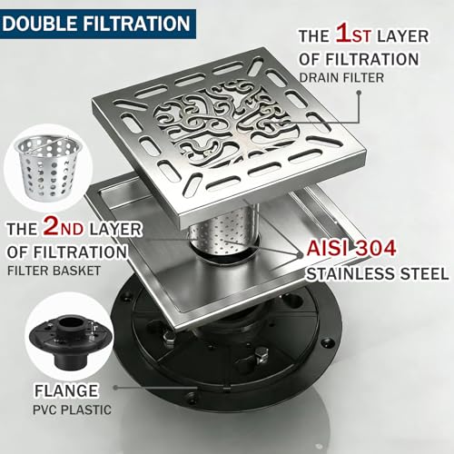 4 Inch Shower Drain, Square Shower Floor Drain Kit with Flange and Removable Cover Grate, AISI 304 Stainless Steel, Brushed Nickel - color: Brushed Nickel, size: 4 inches
