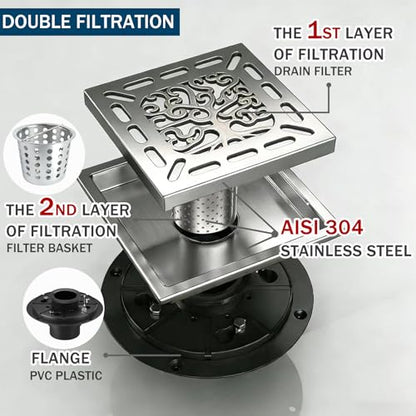 4 Inch Shower Drain, Square Shower Floor Drain Kit with Flange and Removable Cover Grate, AISI 304 Stainless Steel, Brushed Nickel - color: Brushed Nickel, size: 4 inches