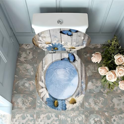 Round Resin Toilet Seat, Quietly Close Quick Release Hinges Cover | Toilet Lid Cover Easy to Clean and Install, Flower Shower Daisy Wild Rustic Floral Blue Daisies Heavy Duty Toilet Seat - color: pattern9, size: O-shape