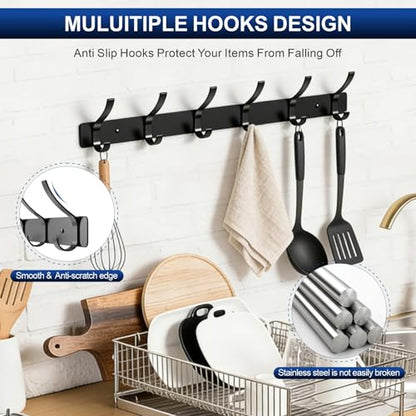 Wall Mounted Coat Rack, 6 Hooks for Hanging Clothes, Black, 2-Pack | Heavy duty rustproof hanger rail for backpacks hats towels, wall hook storage organizer for entryway bathroom mudroom purse